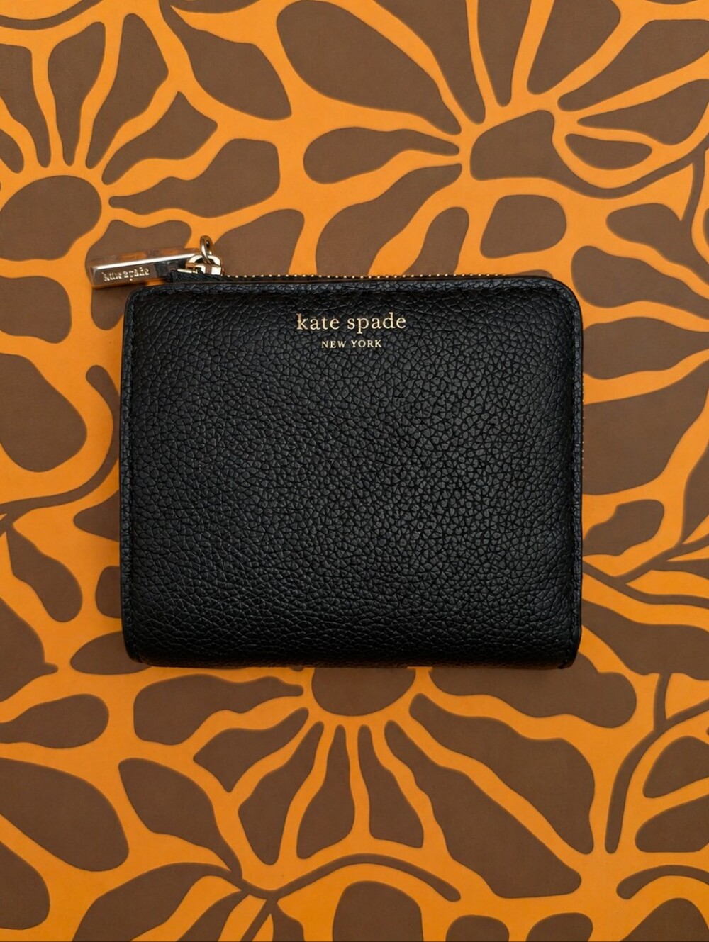 Kate Spade ♠️ Black Pebbled Leather Zip Wallet With Gold Accents